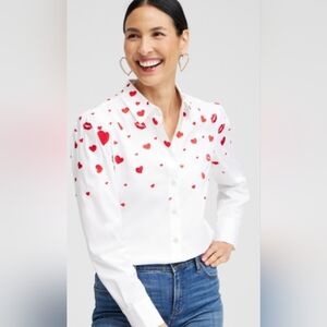 Chico’s Embroidered Hearts Shirt - White Red Lips Button Down Size 3.5 (18/XXL)